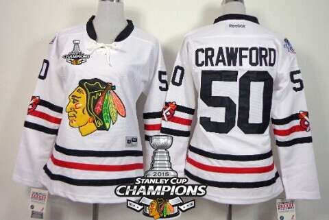 Chicago Blackhawks #50 Corey Crawford 2015 Winter Classic White Womens Jersey W-2015 Stanley Cup Champion Patch