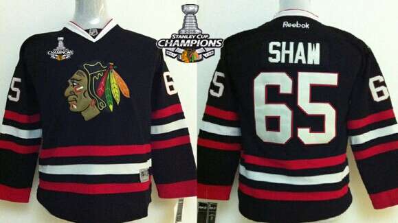 Chicago Blackhawks #65 Andrew Shaw Black Kids Jersey W-2015 Stanley Cup Champion Patch