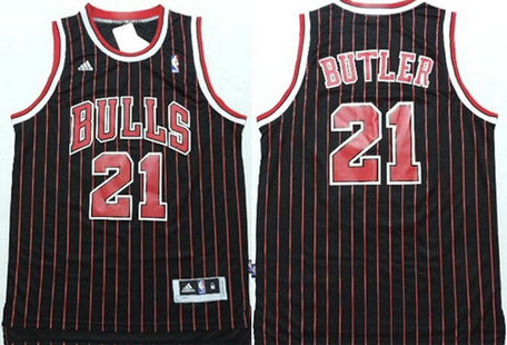 Chicago Bulls #21 Jimmy Butler Revolution 30 Swingman Black Pinstripe Jersey