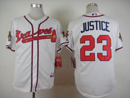 Men's Atlanta Braves #23 David Justice Home White MLB Cool Base Jersey W1995 World Series & 30th Season Patch