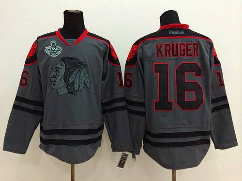 Men's Chicago Blackhawks #16 Marcus Kruger 2015 Stanley Cup Charcoal Gray Jersey