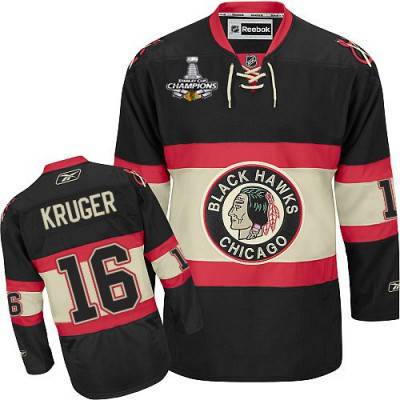 Men's Chicago Blackhawks #16 Marcus Kruger Premier Black New Third NHL Jersey W-2015 Stanley Cup Champion Patch