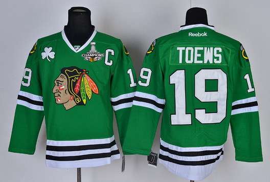 Men's Chicago Blackhawks #19 Jonathan Toews Green Jersey W-2015 Stanley Cup Champion Patch