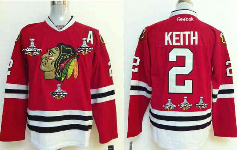 Men's Chicago Blackhawks #2 Duncan Keith Red Treble Champions Jersey WThree Stanley Cup Champions Patches