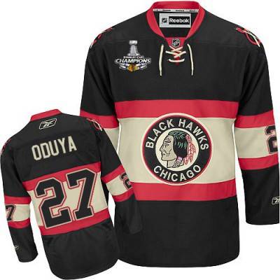 Men's Chicago Blackhawks #27 Johnny Oduya Premier Black New Third NHL Jersey W-2015 Stanley Cup Champion Patch