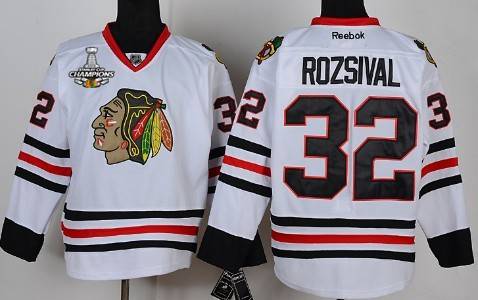Men's Chicago Blackhawks #32 Michal Rozsival White Jersey W-2015 Stanley Cup Champion Patch