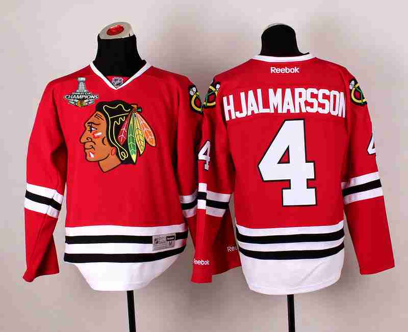 Men's Chicago Blackhawks #4 Niklas Hjalmarsson Red Jersey W-2015 Stanley Cup Champion Patch