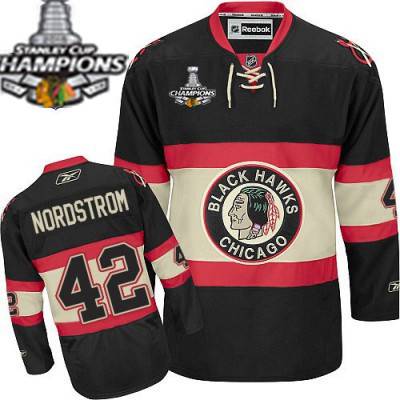 Men's Chicago Blackhawks #42 Joakim Nordstrom Premier Black New Third NHL Jersey W-2015 Stanley Cup Champion Patch