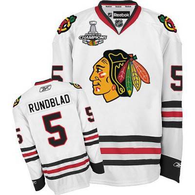 Men's Chicago Blackhawks #5 David Rundblad White Away NHL Jersey W-2015 Stanley Cup Champion Patch