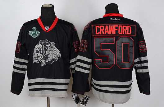 Men's Chicago Blackhawks #50 Corey Crawford 2015 Stanley Cup Black Ice Skulls Jersey