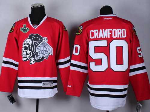 Men's Chicago Blackhawks #50 Corey Crawford 2015 Stanley Cup Red With Black Skulls Jersey