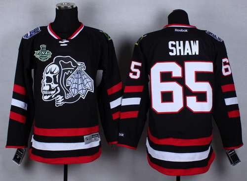 Men's Chicago Blackhawks #65 Andrew Shaw 2015 Stanley Cup 2014 Stadium Series Black With Black Skulls Jersey
