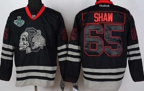 Men's Chicago Blackhawks #65 Andrew Shaw 2015 Stanley Cup Black Ice Skulls Jersey