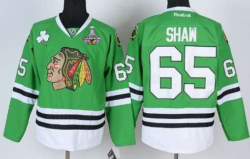 Men's Chicago Blackhawks #65 Andrew Shaw Green Jersey W-2015 Stanley Cup Champion Patch