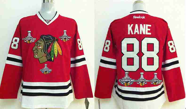Men's Chicago Blackhawks #88 Patrick Kane Red Treble Champions Jersey WThree Stanley Cup Champions Patches