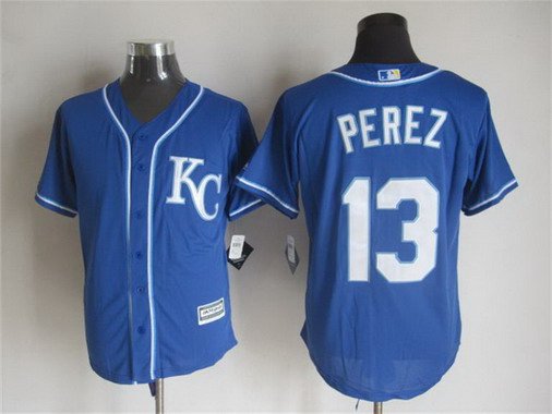 Men's Kansas City Royals #13 Salvador Perez Alternate Blue KC 2015 MLB Cool Base Jersey
