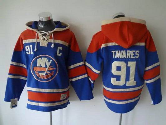Men's New York Islanders #91 John Tavares Old Time Hockey Home Light Blue Hoodie