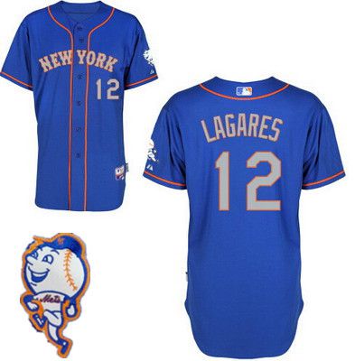 Men's New York Mets #12 Juan Lagares Blue With Gray Jersey W-2015 Mr. Met Patch