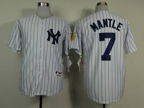 Men's New York Yankees #7 Mickey Mantle White 75TH Patch Jersey
