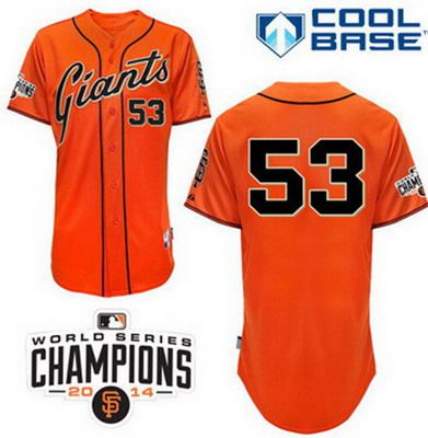 Men's San Francisco Giants #53 Chris Heston Alternate Orange MLB Cool Base Jersey W2014 World Series Champions Patch