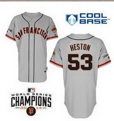 Men's San Francisco Giants #53 Chris Heston Away Gray MLB Cool Base Jersey W2014 World Series Champions Patch