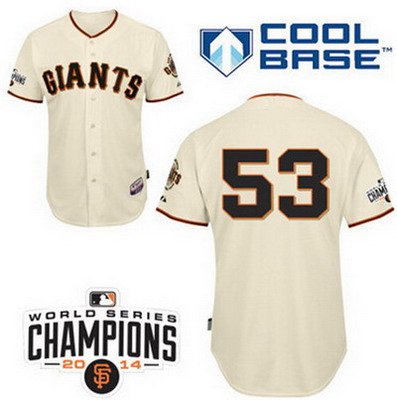Men's San Francisco Giants #53 Chris Heston Home Cream MLB Cool Base Jersey W2014 World Series Champions Patch