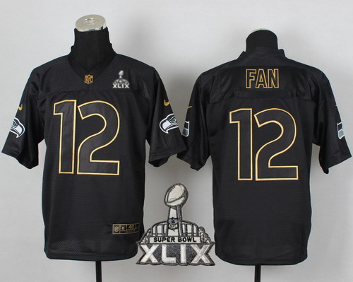 Nike Seattle Seahawks #12 Fan 2015 Super Bowl XLIX All BlackGold Elite Jersey