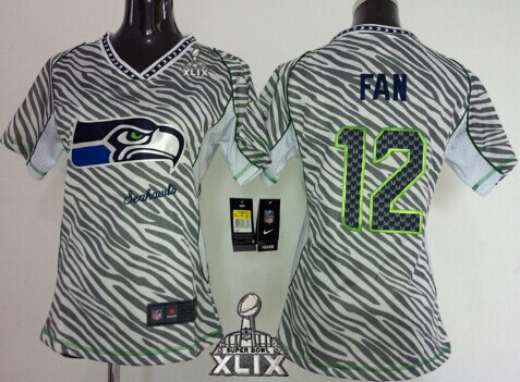 Nike Seattle Seahawks #12 Fan Gray 2015 Super Bowl XLIX 2012 Womens Zebra Fashion Jersey