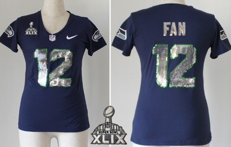Nike Seattle Seahawks #12 Fan Handwork 2015 Super Bowl XLIX Sequin Lettering Fashion Blue Womens Jersey