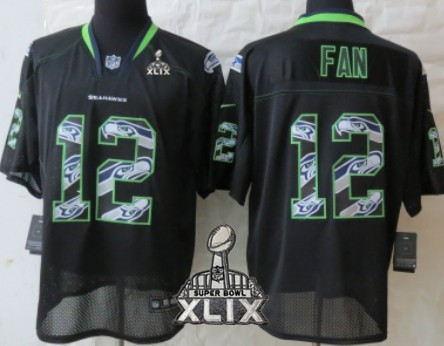 Nike Seattle Seahawks #12 Fan2015 Super Bowl XLIX Lights Out Black Ornamented Elite Jersey