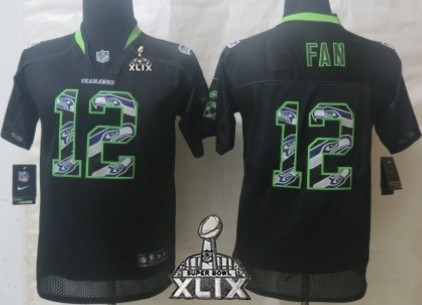 Nike Seattle Seahawks #12 Fan 2015 Super Bowl XLIX Lights Out Black Ornamented Kids Jersey