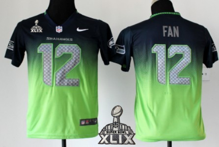 Nike Seattle Seahawks #12 Fan 2015 Super Bowl XLIX Navy Blue/Green Fadeaway Kids Jersey