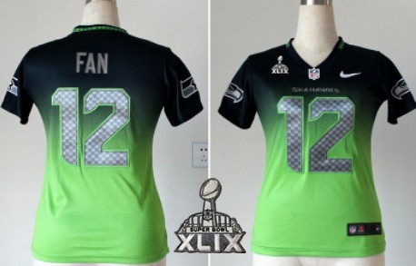 Nike Seattle Seahawks #12 Fan 2015 Super Bowl XLIX Navy Blue/Green Fadeaway Womens Jersey