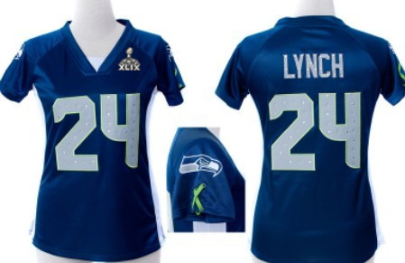 Nike Seattle Seahawks #24 Marshawn Lynch 2015 Super Bowl XLIX 2012 Blue Womens Draft Him II Top Jersey