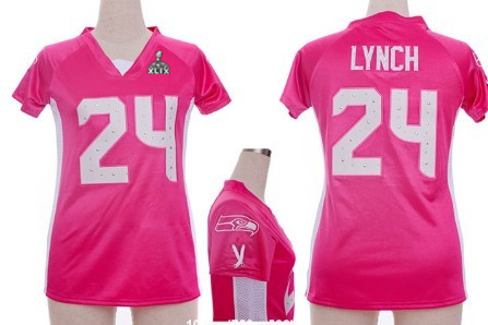 Nike Seattle Seahawks #24 Marshawn Lynch 2015 Super Bowl XLIX 2012 Pink Womens Draft Him II Top Jersey