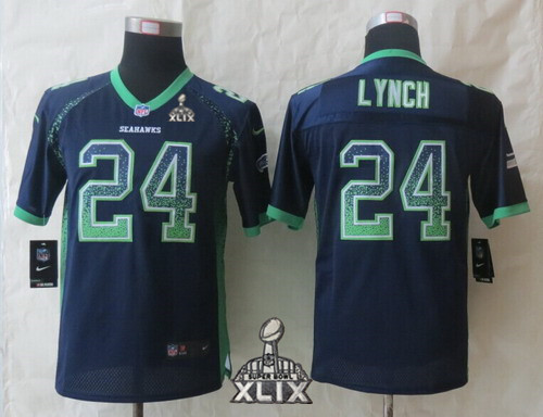 Nike Seattle Seahawks #24 Marshawn Lynch 2015 Super Bowl XLIX 2013 Drift Fashion Blue Kids Jersey