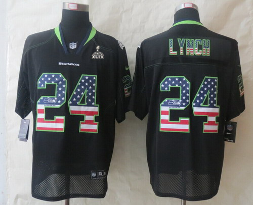 Nike Seattle Seahawks #24 Marshawn Lynch 2015 Super Bowl XLIX 2014 USA Flag Fashion Black Elite Jersey