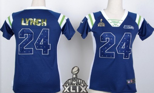 Nike Seattle Seahawks #24 Marshawn Lynch 2015 Super Bowl XLIX Drilling Sequins Blue Womens Jersey