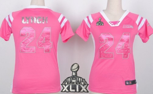 Nike Seattle Seahawks #24 Marshawn Lynch 2015 Super Bowl XLIX Drilling Sequins Pink Womens Jersey