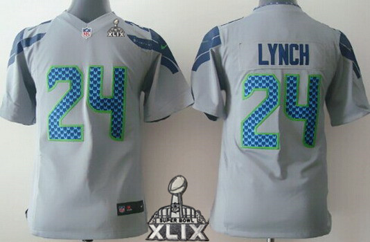 Nike Seattle Seahawks #24 Marshawn Lynch 2015 Super Bowl XLIX Gray Game Kids Jersey