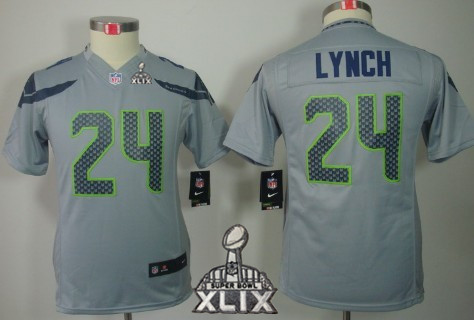 Nike Seattle Seahawks #24 Marshawn Lynch 2015 Super Bowl XLIX Gray Limited Kids Jersey