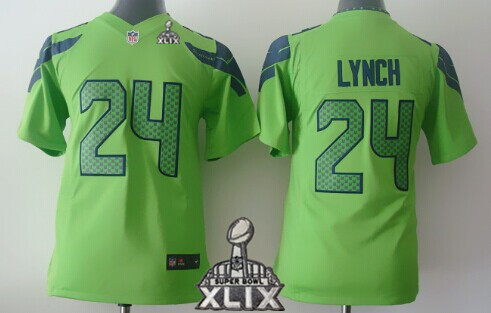 Nike Seattle Seahawks #24 Marshawn Lynch 2015 Super Bowl XLIX Green Game Kids Jersey