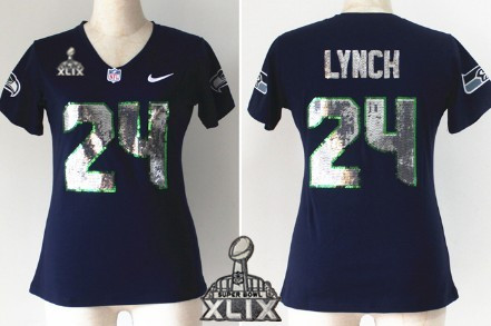 Nike Seattle Seahawks #24 Marshawn Lynch 2015 Super Bowl XLIX Handwork Sequin Lettering Fashion Blue Womens Jersey