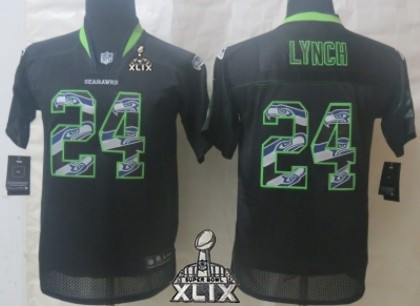 Nike Seattle Seahawks #24 Marshawn Lynch 2015 Super Bowl XLIX Lights Out Black Ornamented Kids Jersey