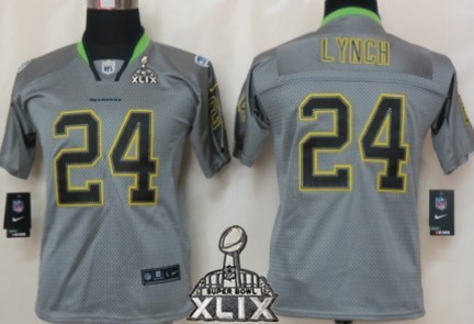 Nike Seattle Seahawks #24 Marshawn Lynch 2015 Super Bowl XLIX Lights Out Gray Kids Jersey