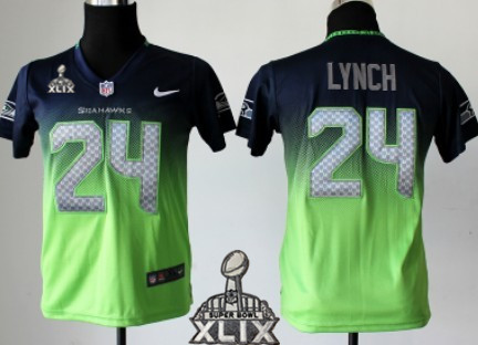 Nike Seattle Seahawks #24 Marshawn Lynch 2015 Super Bowl XLIX Navy Blue/Green Fadeaway Kids Jersey