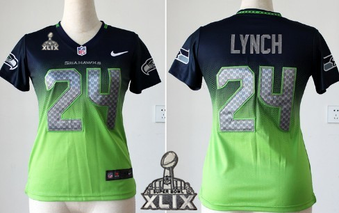 Nike Seattle Seahawks #24 Marshawn Lynch 2015 Super Bowl XLIX Navy Blue/Green Fadeaway Womens Jersey