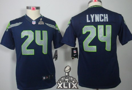 Nike Seattle Seahawks #24 Marshawn Lynch 2015 Super Bowl XLIX Navy Blue Limited Kids Jersey