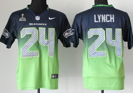 Nike Seattle Seahawks #24 Marshawn Lynch 2015 Super Bowl XLIX Navy Blue/Green Fadeaway Elite Jersey