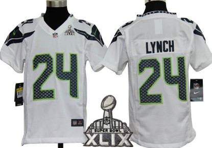 Nike Seattle Seahawks #24 Marshawn Lynch 2015 Super Bowl XLIX White Game Kids Jersey